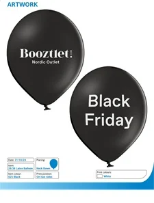 Sort 12" reklameballon, forskeligt tryk på 2 sider.